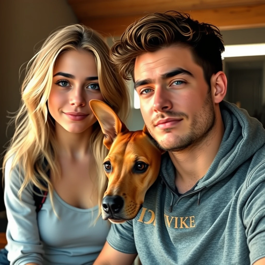 Pais jovens com seu pequeno filho e um grande cão ridgeback