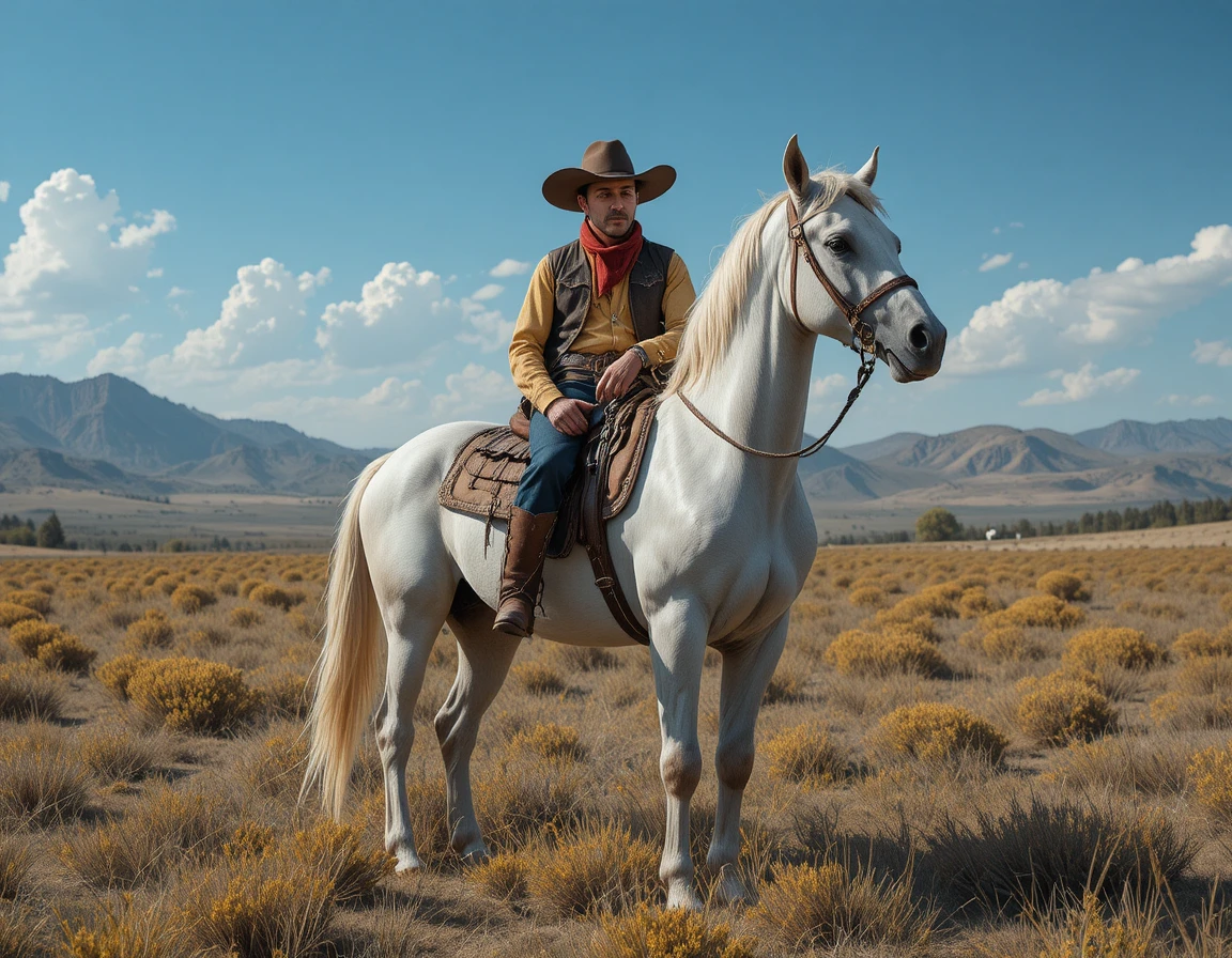 Cowboy com cavalo branco em pradaria ensolarada de outono