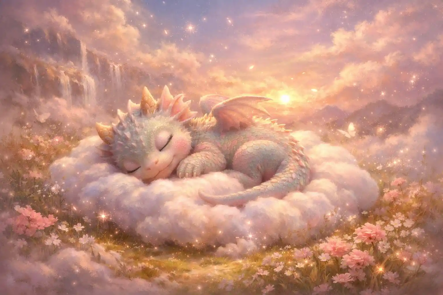 Baby dragon sleeping on a soft cloud in fantasy meadow
