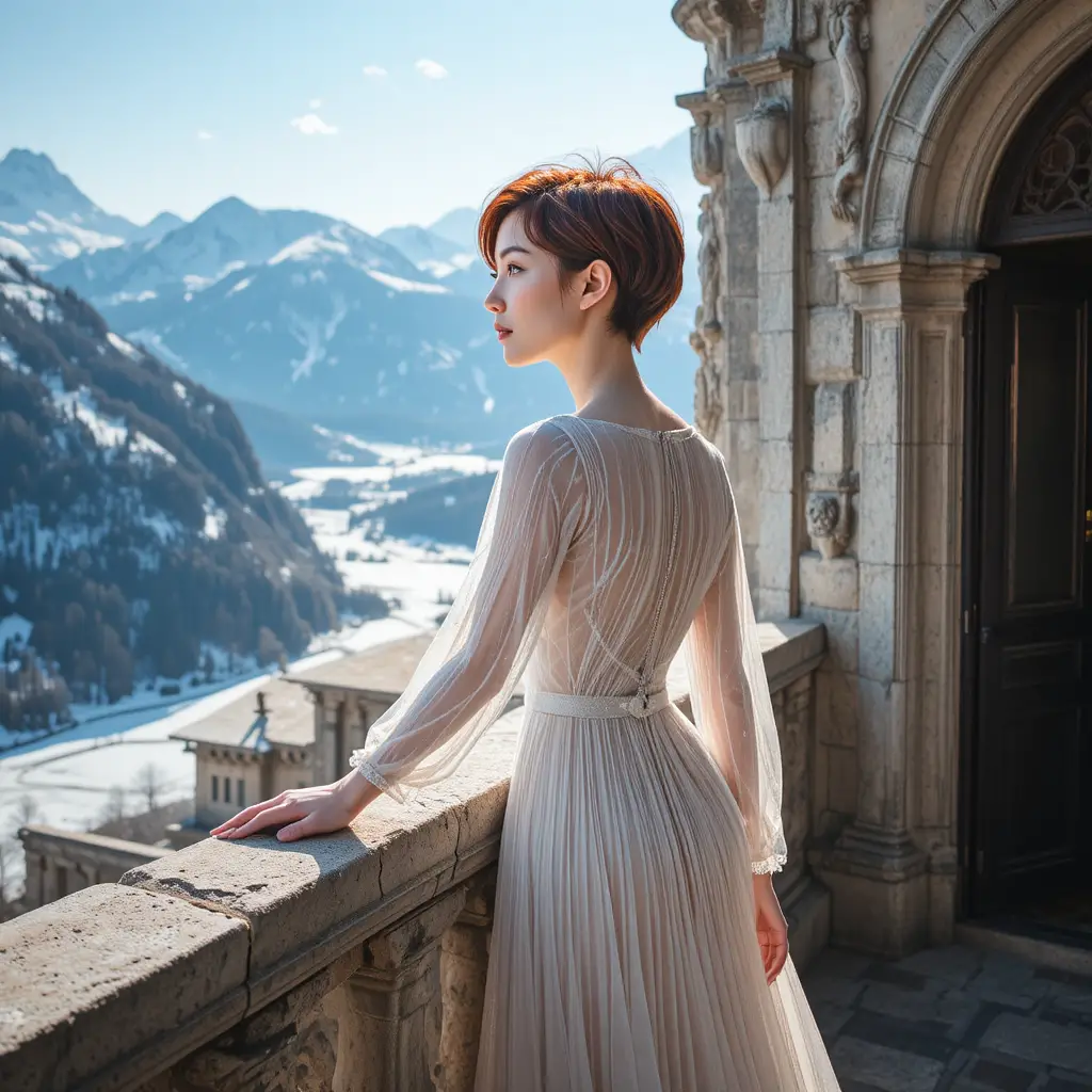 Jovem mulher em varanda de castelo alpino com vestido de linho transparente