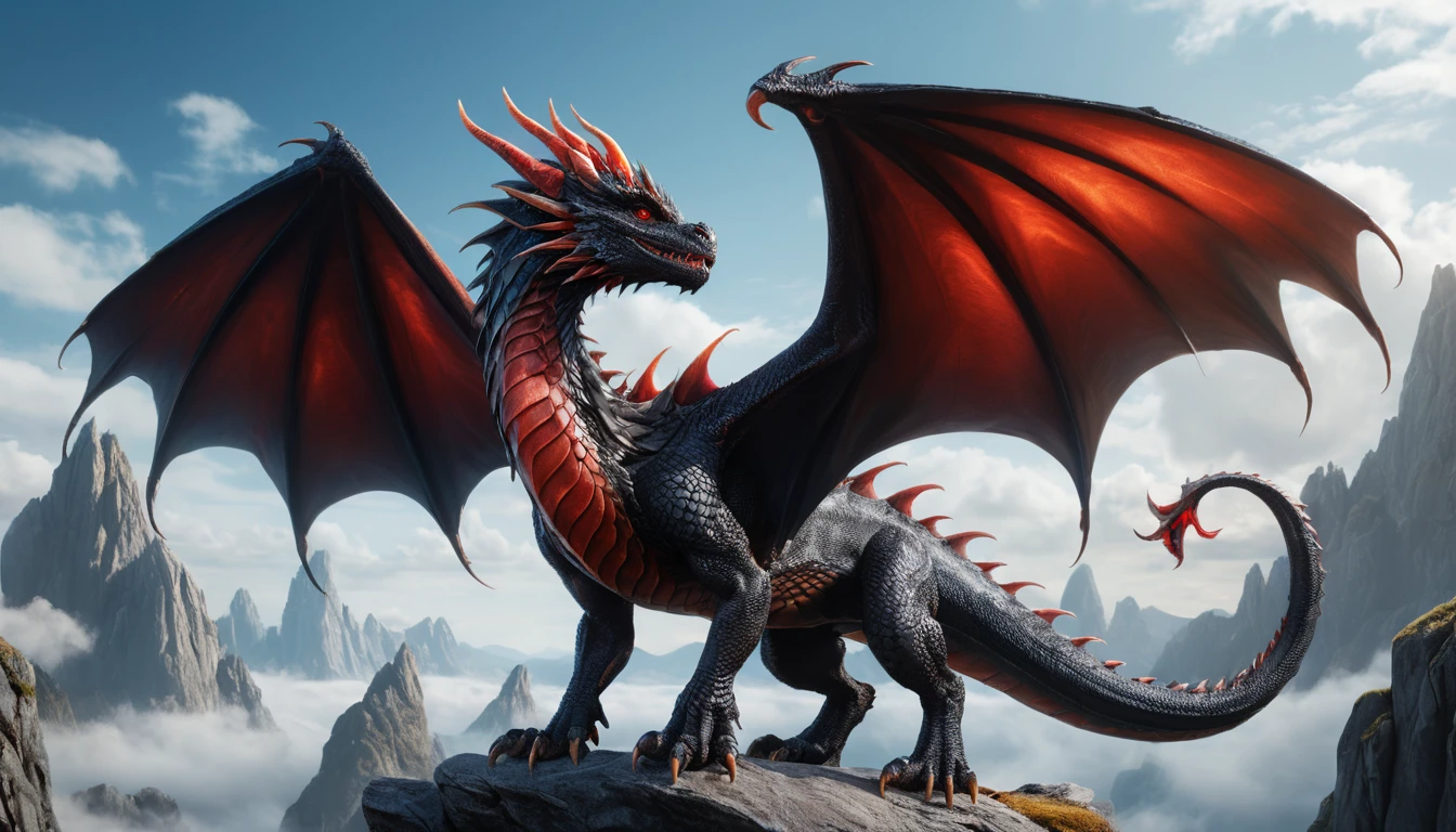 Majestätischer schwarzer Drache am tiefblauen Himmel