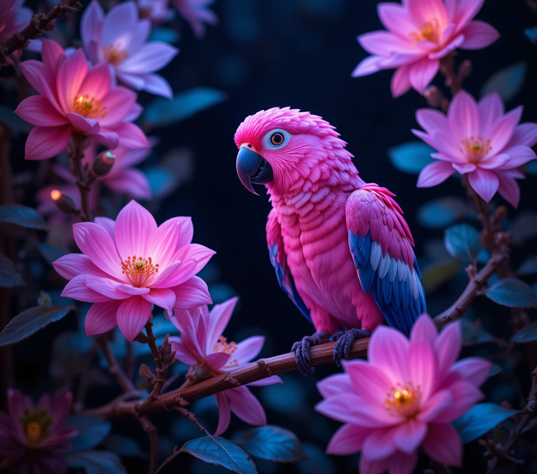 暗色背景上發光鸚鵡與炫亮花朵