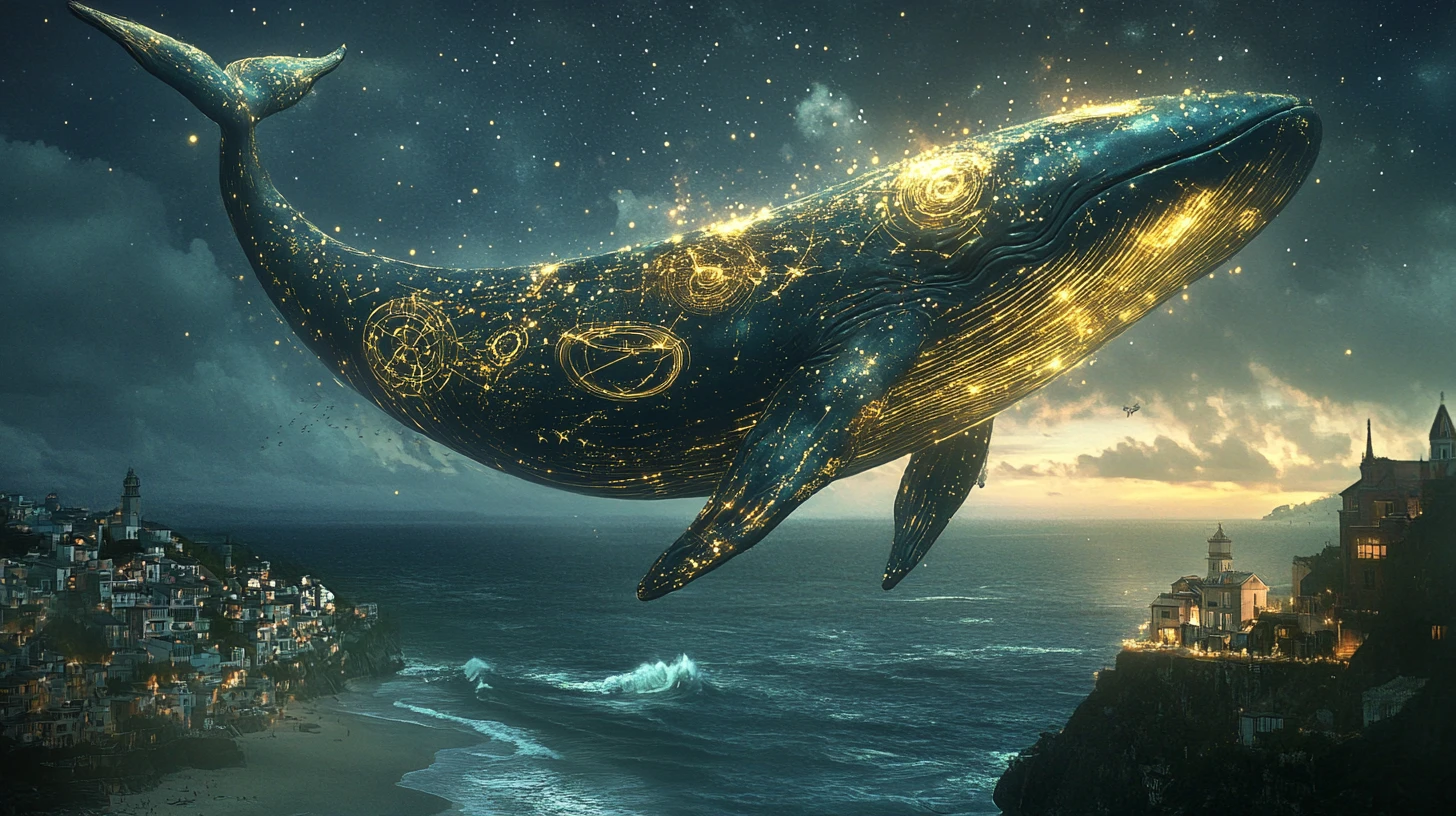 Baleia celestial de água e estrelas sobre cidade costeira