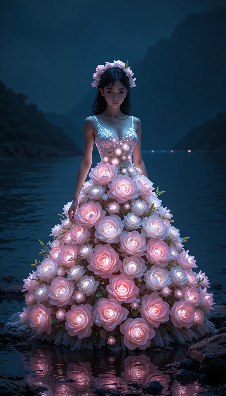 Mädchen in leuchtendem Neon-Blumenkleid an einem dunklen See