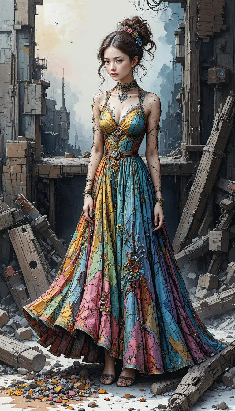 Colorful long dress drawn with fine hatching and detail