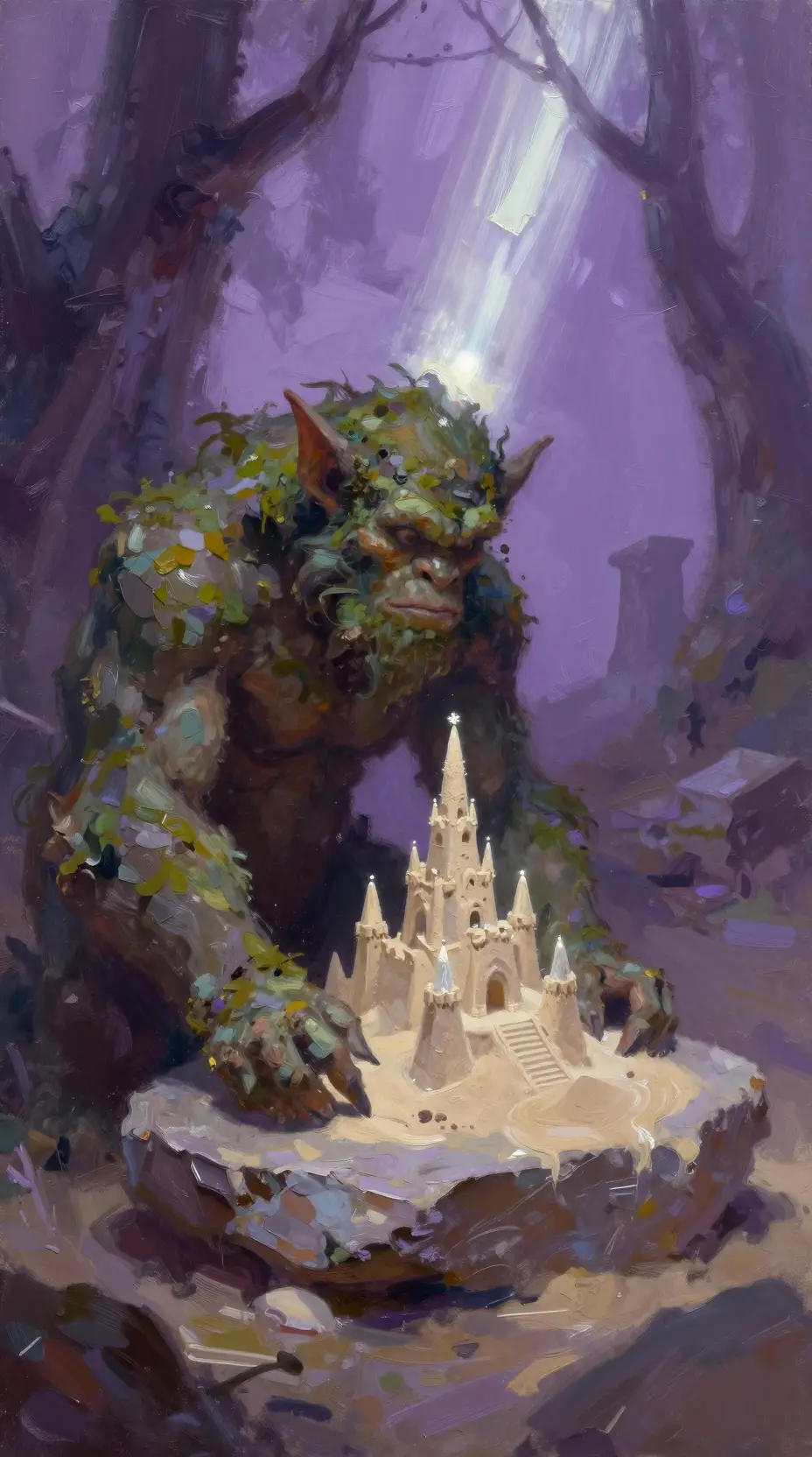 Ancient troll crafting a glowing pearl sandcastle