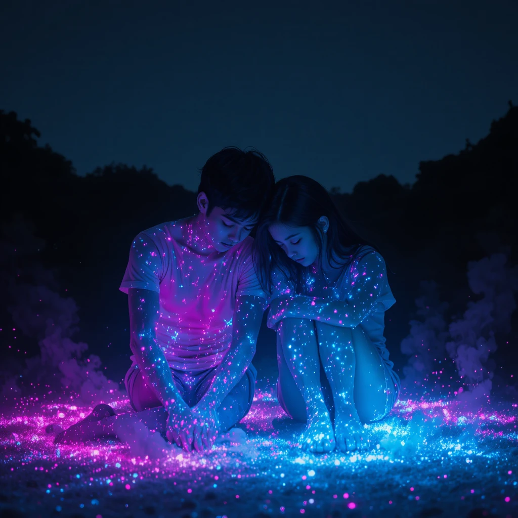Menino e menina tristes brilhando em poeira neon à noite