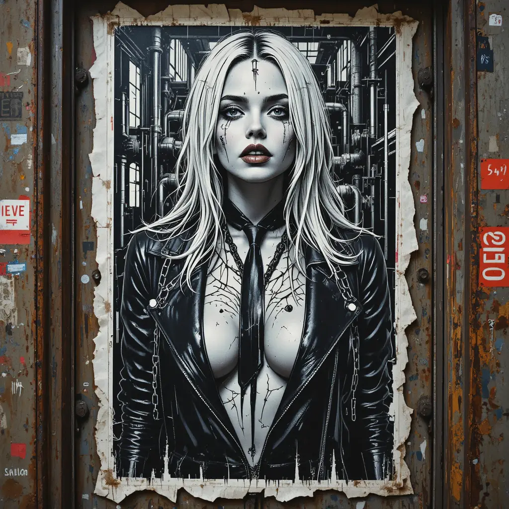 Cartel callejero rasgado de una femme fatale encadenada en una puerta metálica