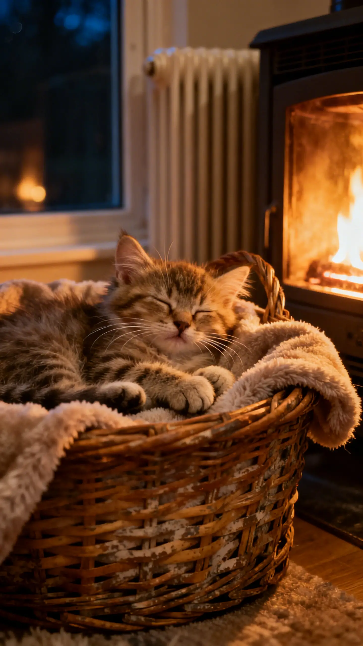 Gattino che dorme in un accogliente cesto di vimini di notte