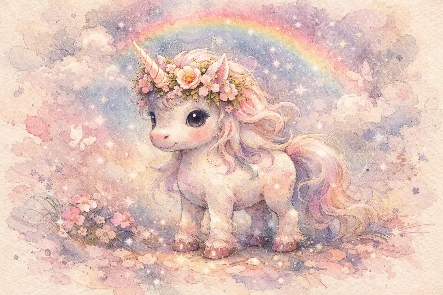 粉彩混合媒材質感的小獨角獸插畫