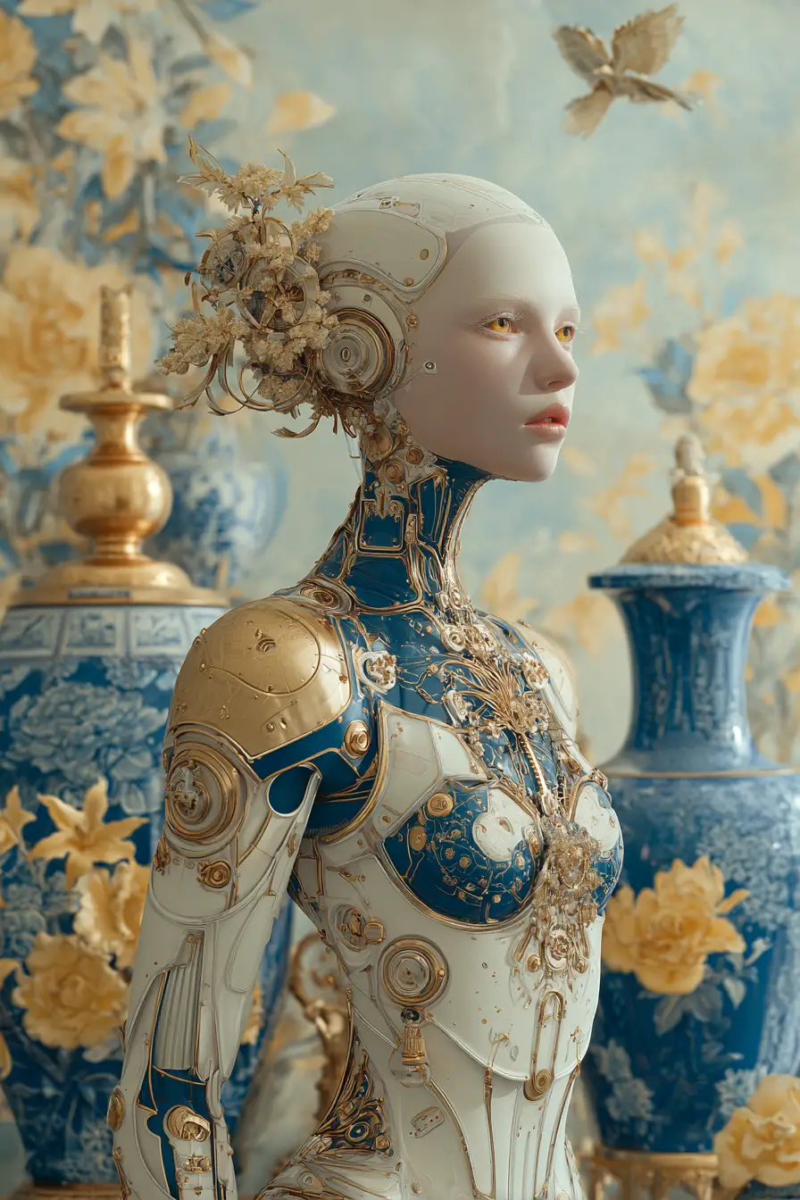Steampunk-surreale Frau in kunstvollem mechanischem Porzellankostüm