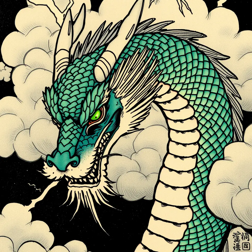 Drache, der sich in traditionellen Details durch Sturmwolken windet