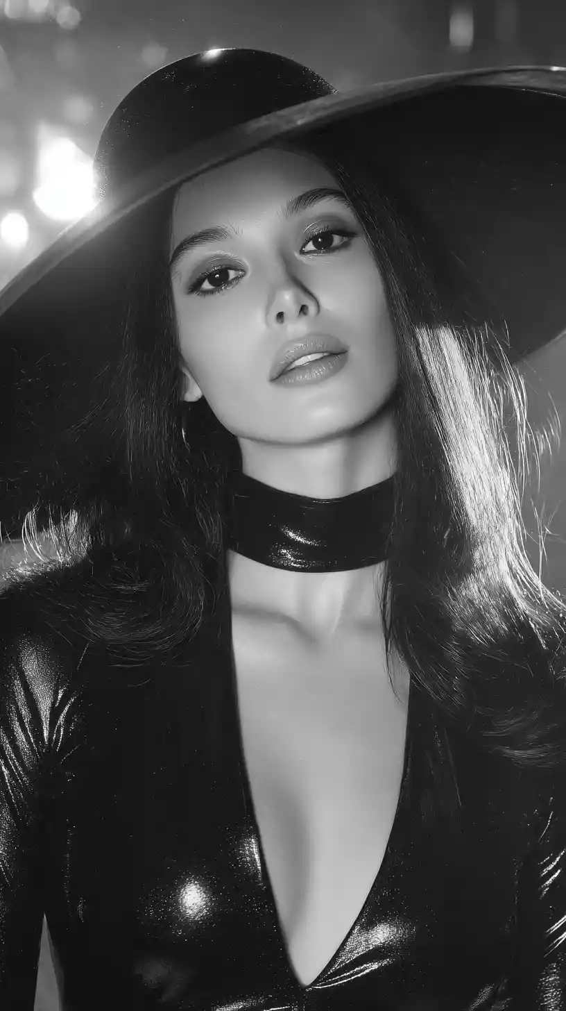 ドラマチックなモノクロポートレートの黒い帽子をかぶった魅惑的な女性