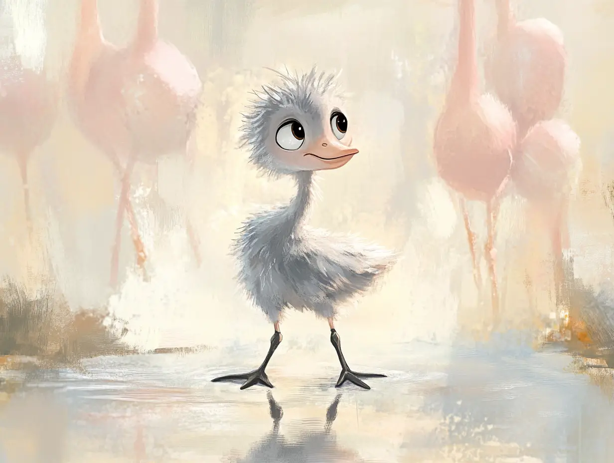 Baby-Flamingo in flacher Lagune mit aquarellartigen Spiegelungen