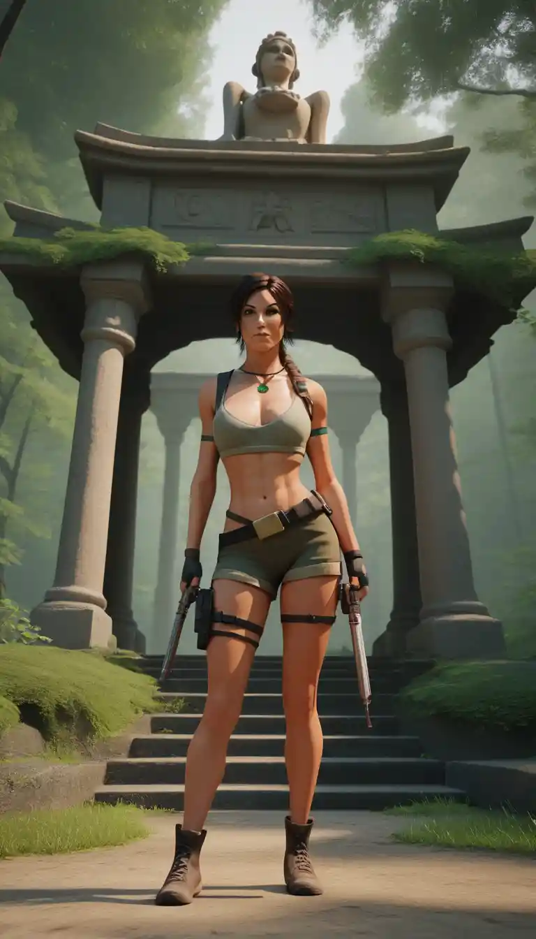 Femme en pied devant un ancien temple dans la forêt rendu 3D