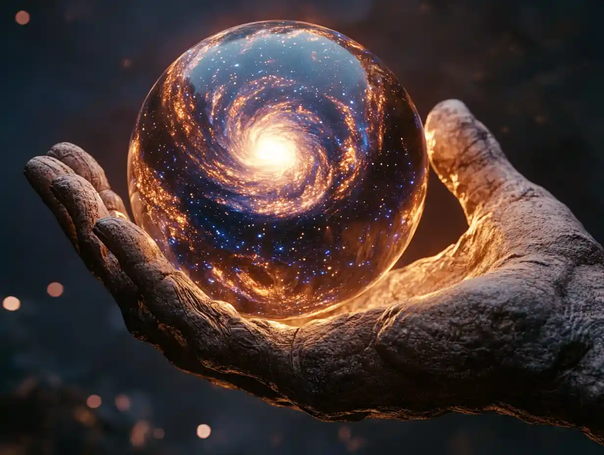 Stone hand holding a glowing galaxy within a glass sphere