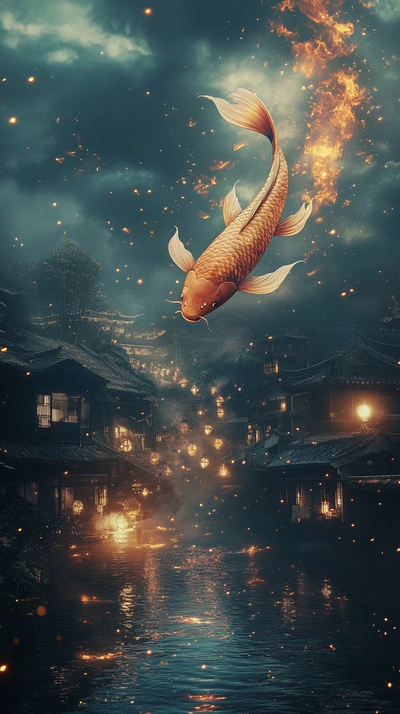 Pesci koi fluttuano nel cielo sopra tranquille case di città
