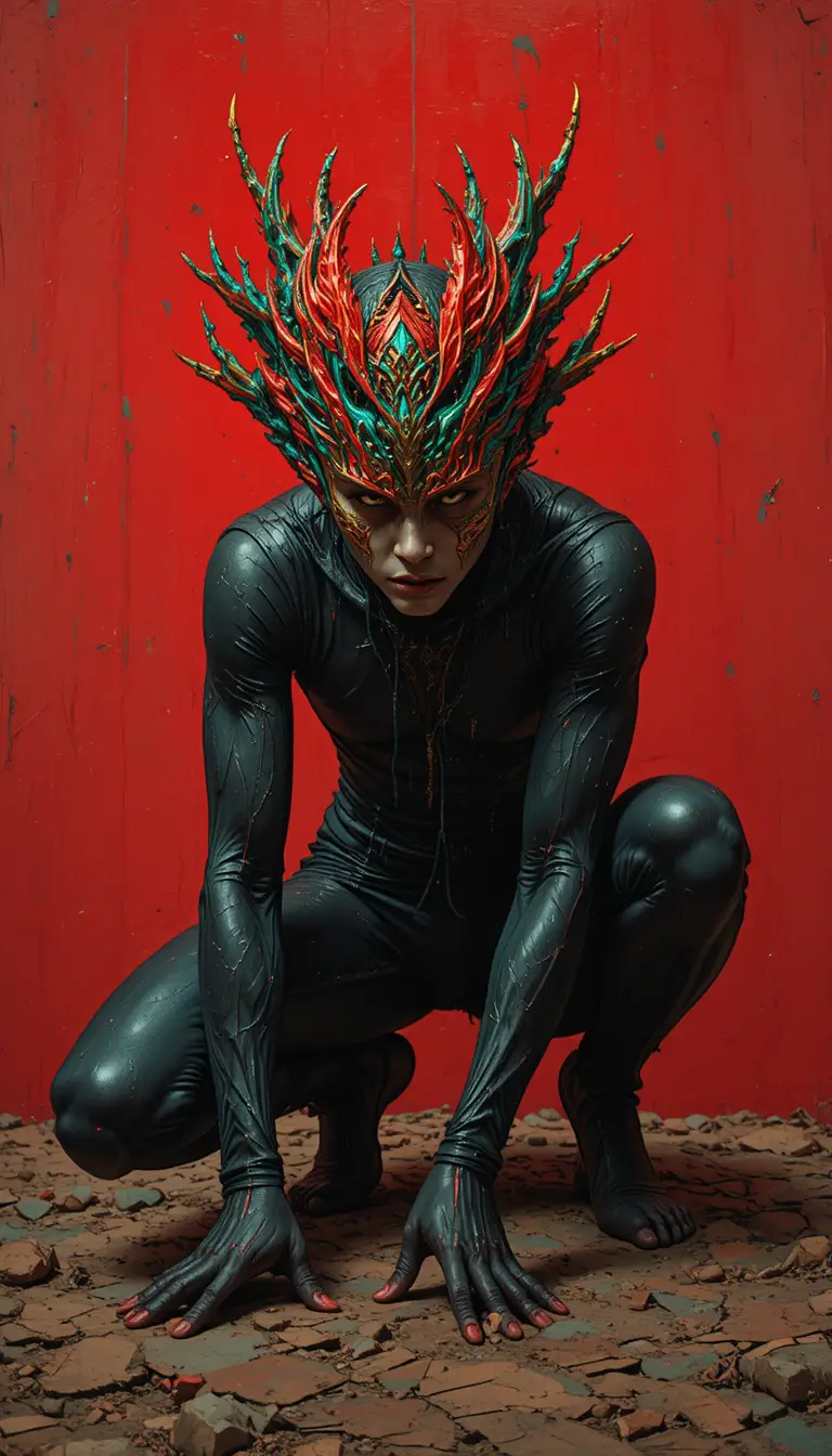 Masked figure crouching in tense pose against red backdrop