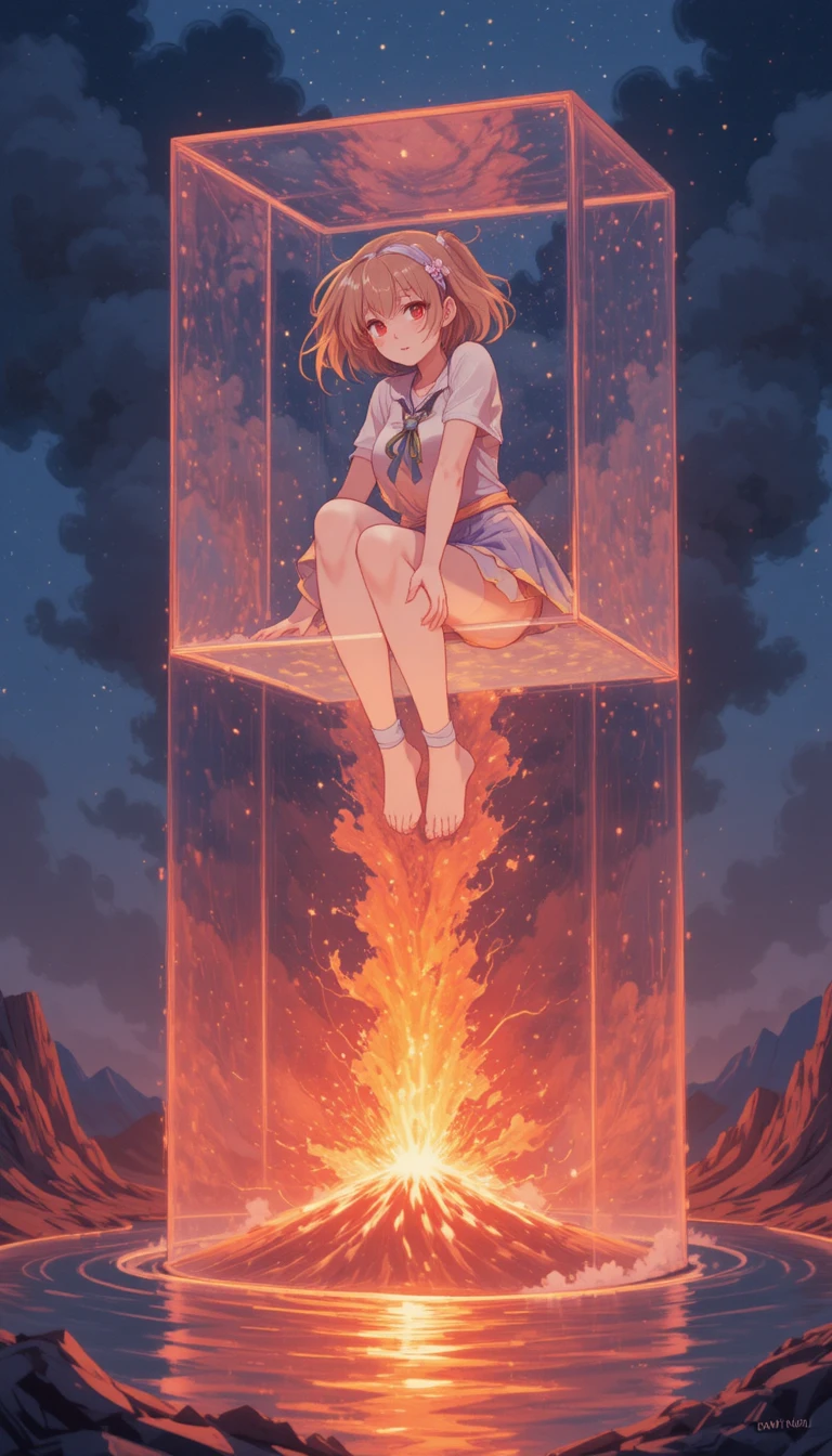 Garota de anime encolhida acima de uma paisagem vulcânica brilhante