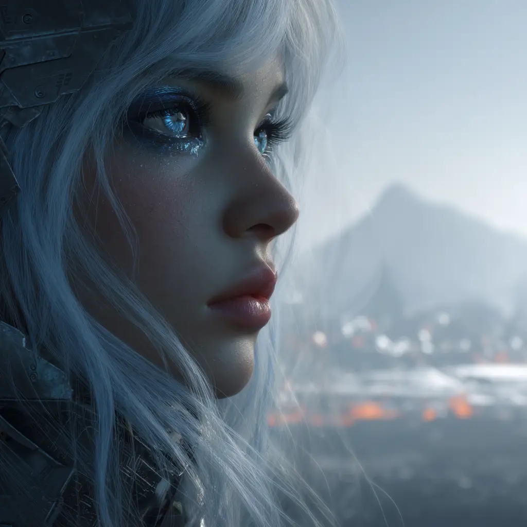 Cyberpunk-Porträt einer Frau in nebliger futuristischer Reliefszene