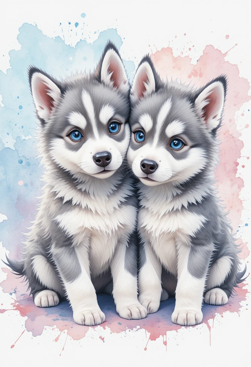 柔らかなパステル水彩画の寄り添う2匹のハスキー子犬