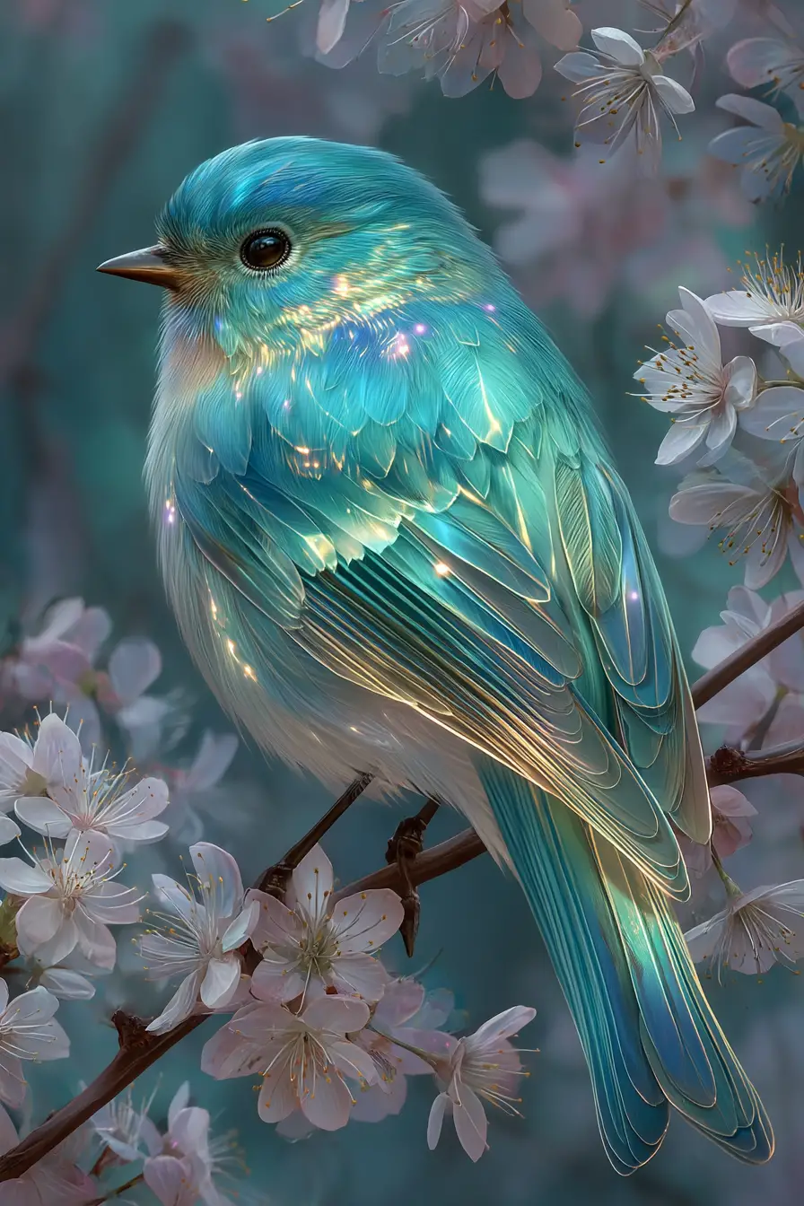 Oiseau magique et lumineux reposant sur une branche d’arbre au printemps