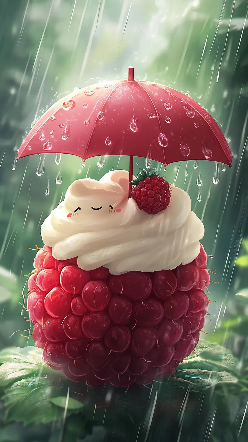 覆有紅色雨傘的可愛卡通蛋糕與覆盆子