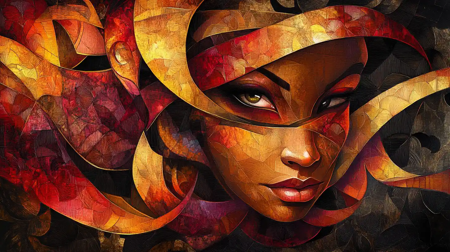 Cubist woman with dragon in glowing abstract portrait