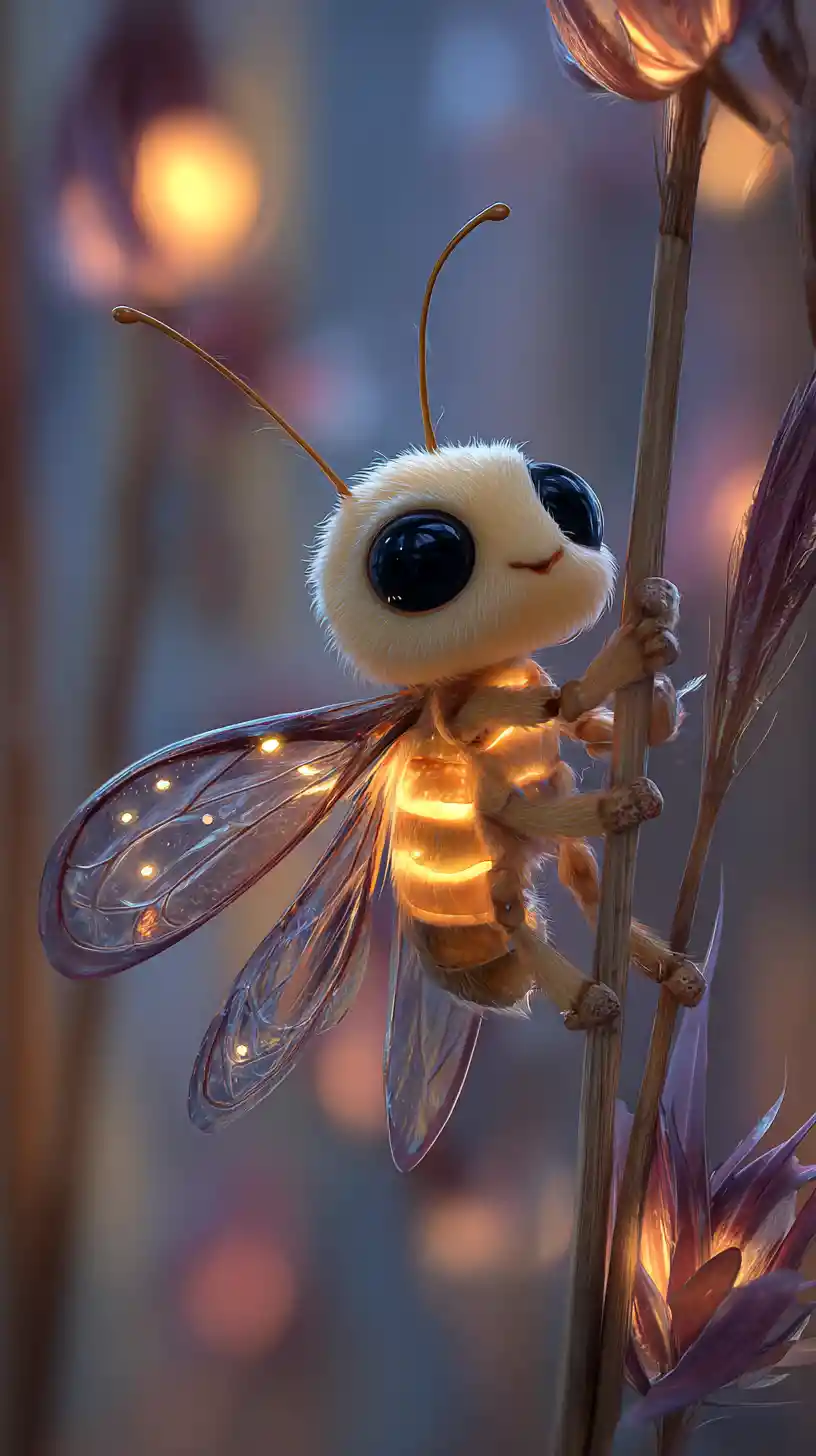 Cute glowing firefly on a reed in magical night scene