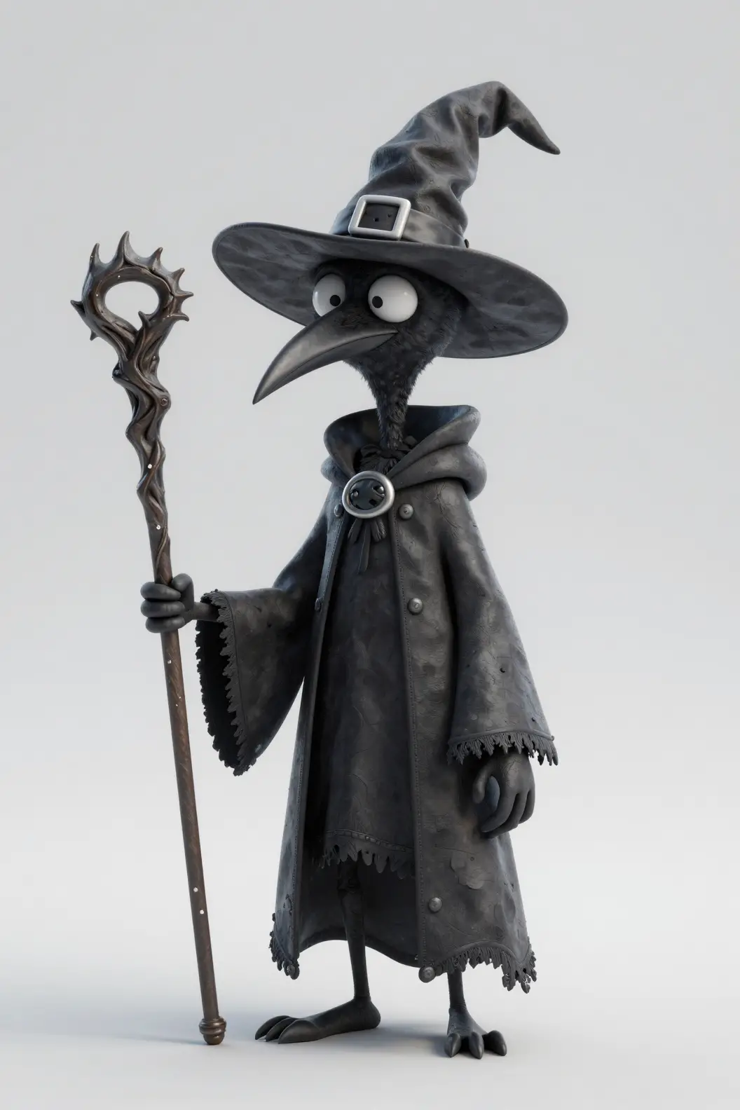 Grande sorcière corbeau fantastique dans un rendu 3D stylisé
