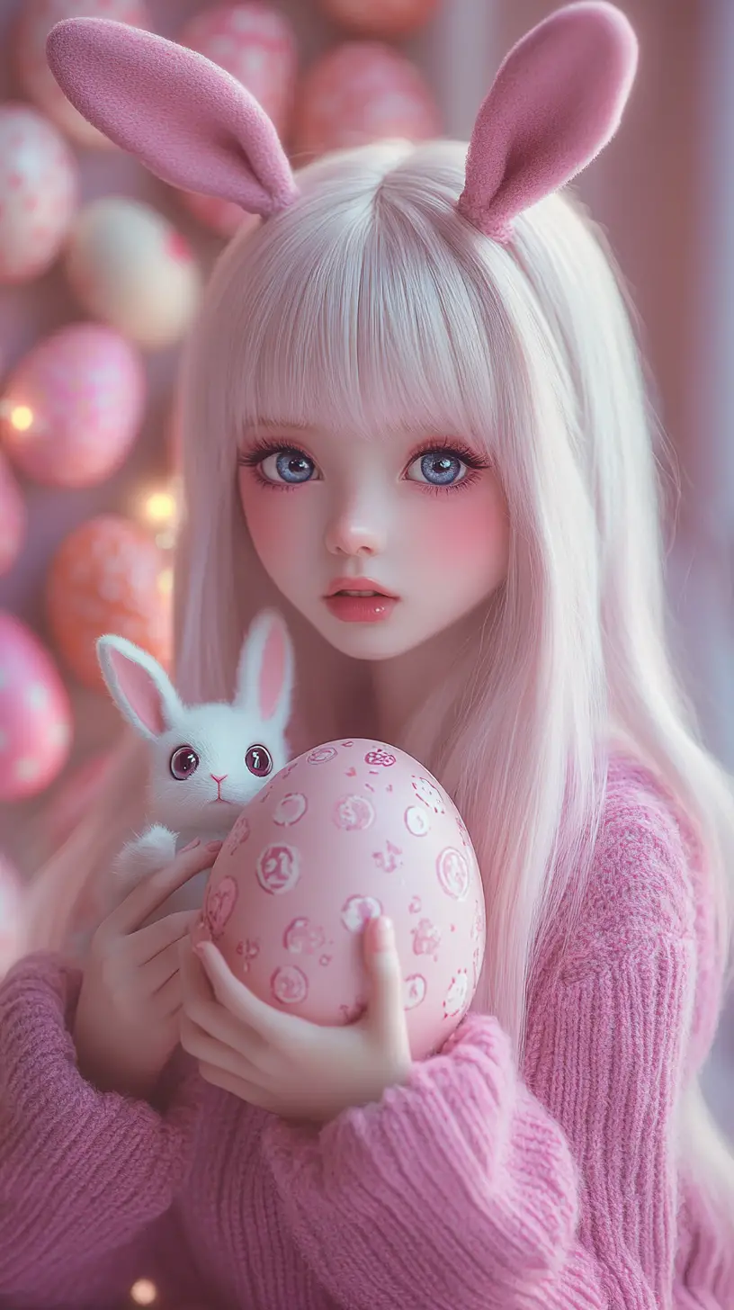 Süßes Anime-Mädchen mit rosa Haaren und Osterhasenohren