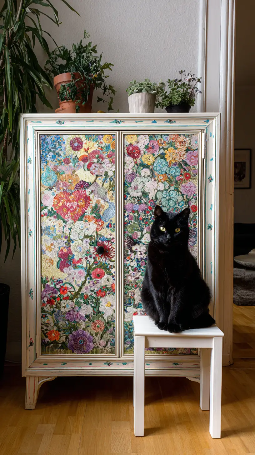 Black cat resting in a colorful flower garden