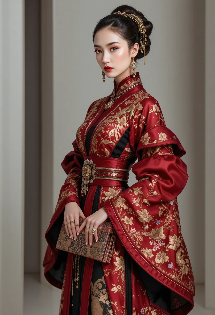 High-Fashion-Frau im kaiserlich inspirierten purpurroten Kimono-Ensemble