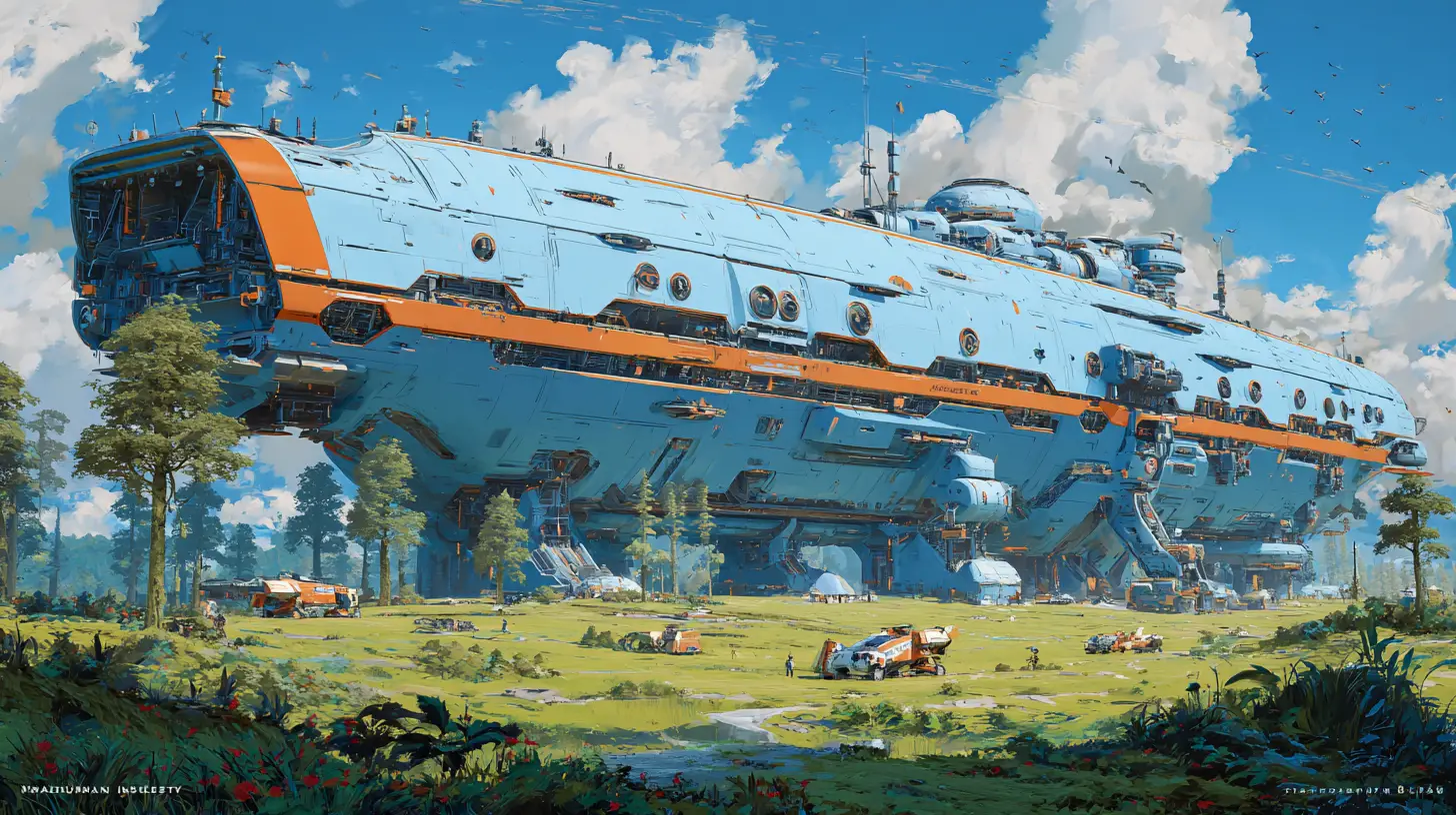 Gigantisches futuristisches Frachtraumschiff auf grünem Planeten gelandet