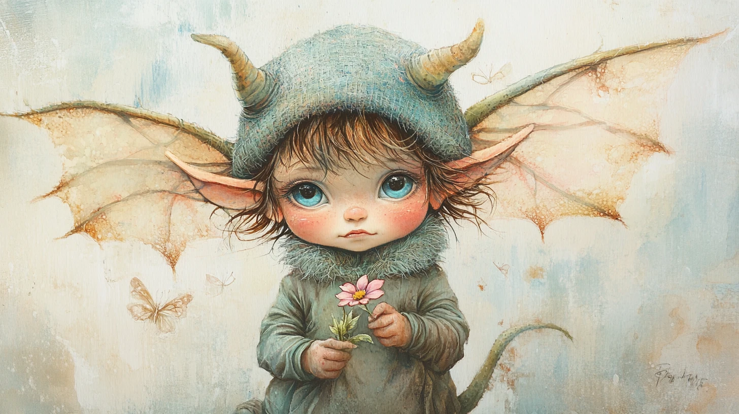 Winziger Baby-Drache mit Blume im weichen Aquarellstil