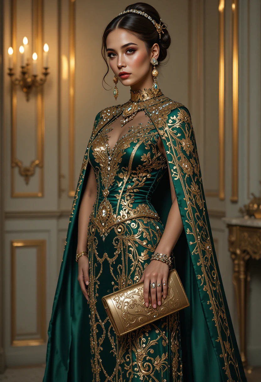 Mulher de moda couture árabe em pose régia esmeralda