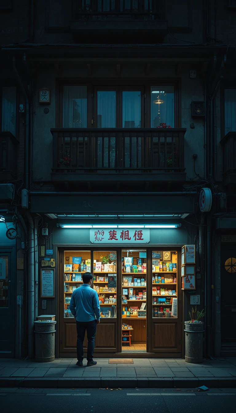 Small night shop glowing warmly on a quiet city street