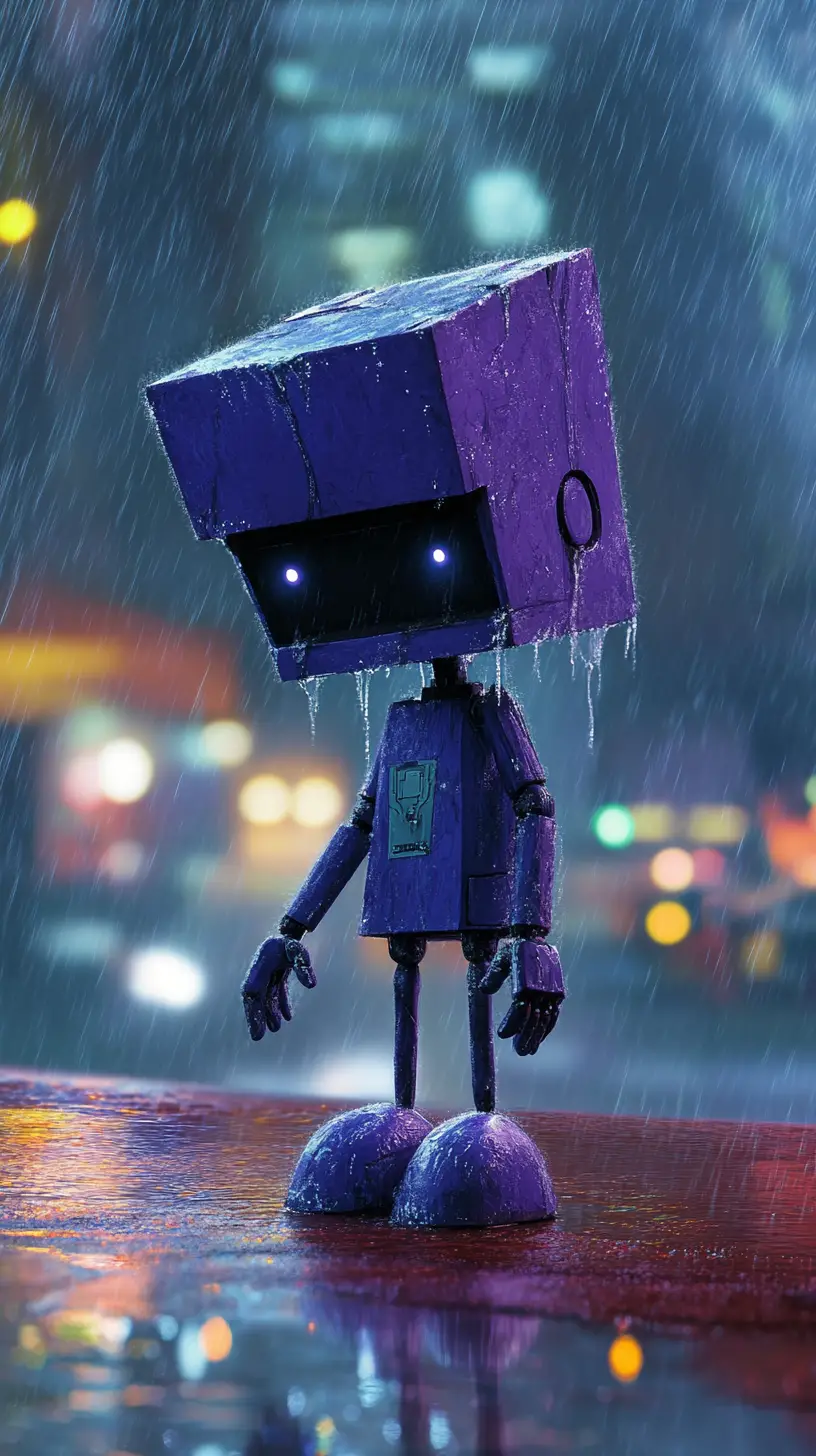 Purple robot in the rain beside a worn red bench