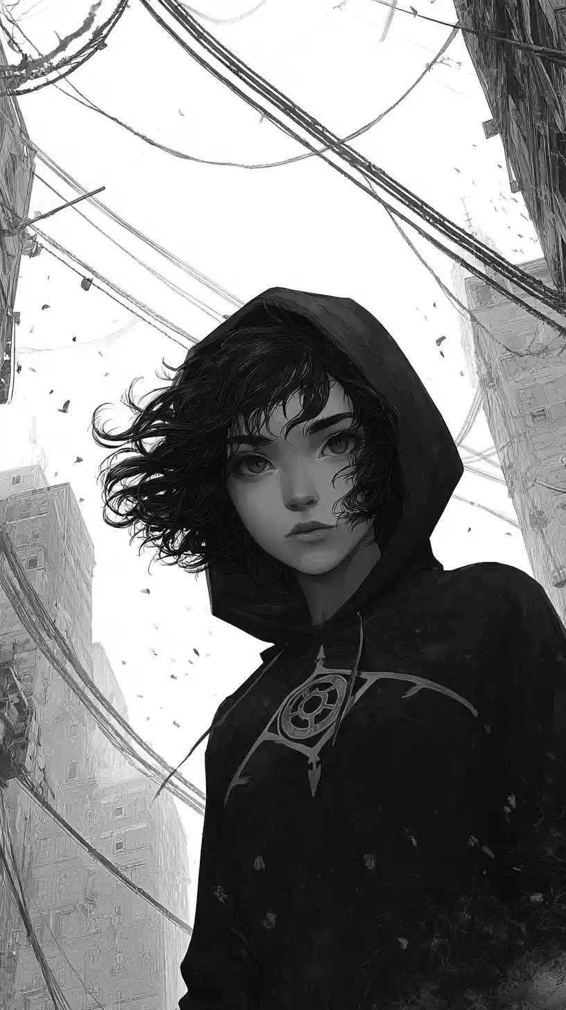 Anime woman in hoodie in desolate industrial city