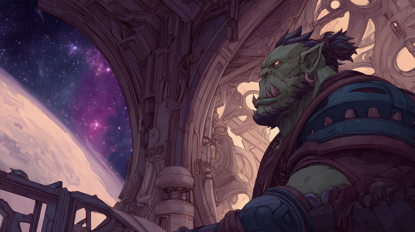 General orc na ponte de nave estelar alienígena com vista cósmica