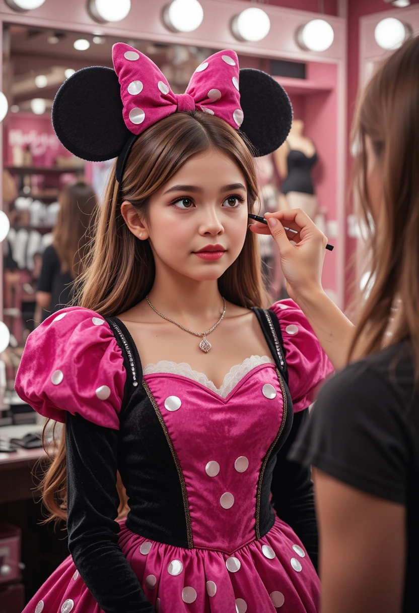 Menino com vestido rosa da Minnie em frente ao espelho de maquiagem da butique