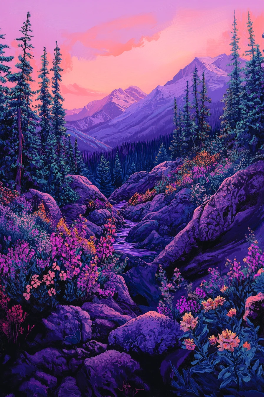 Vallée fluviale de montagne colorée avec arbres et fleurs
