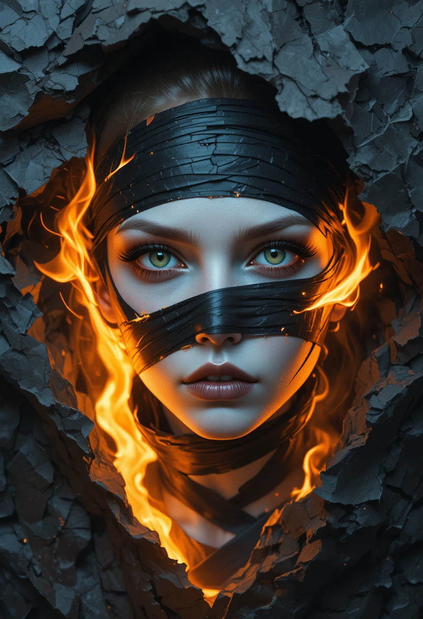 Intense green eyed portrait in flaming black wrappings