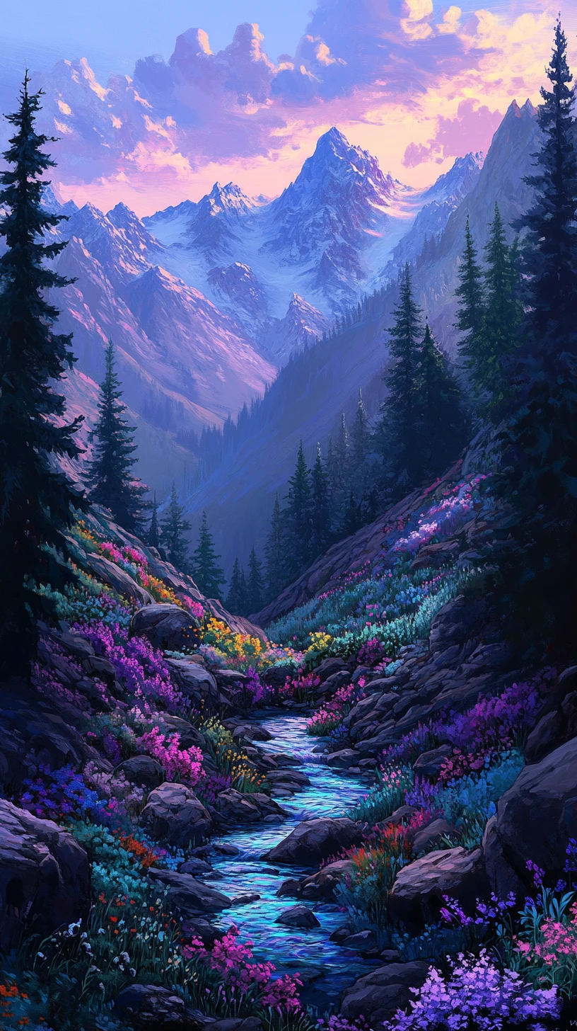 Vallée de rivière de montagne vibrante avec arbres et fleurs