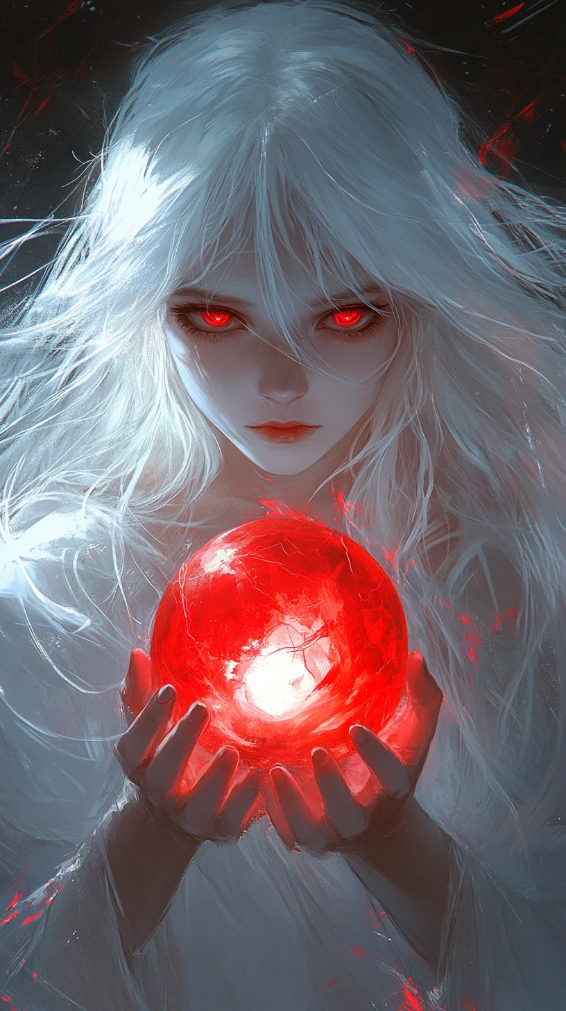 White haired anime girl holding a glowing red orb