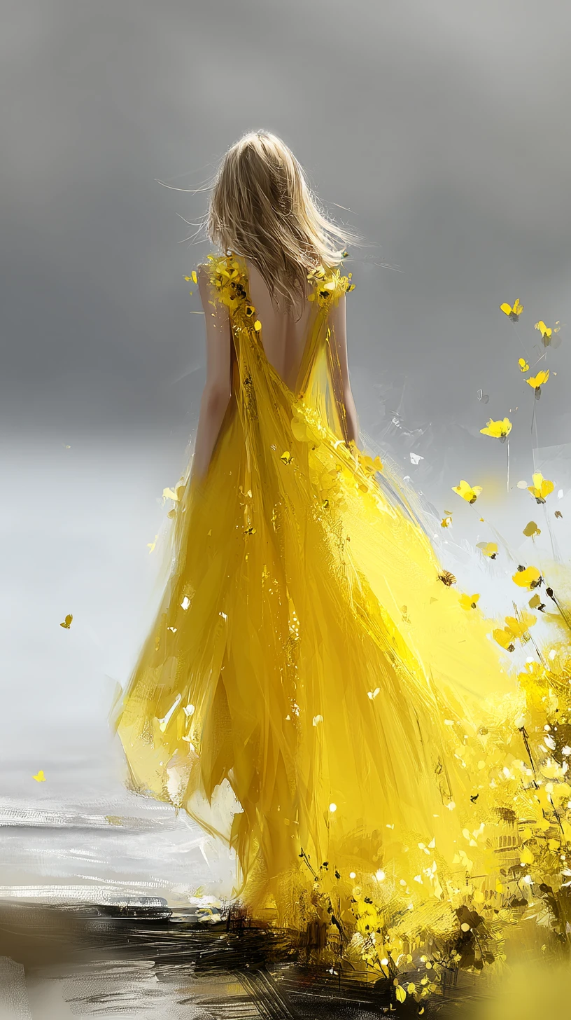 Woman walking through a dreamy field in fantasy illustration