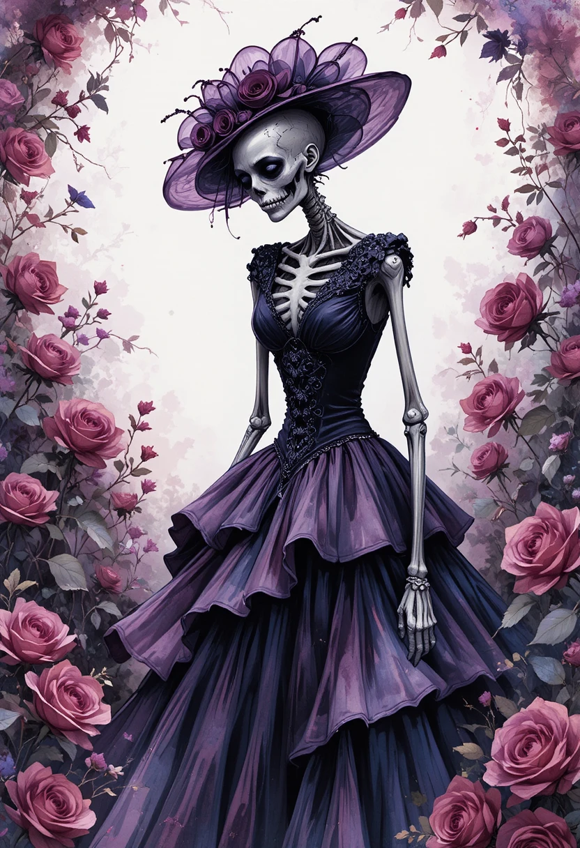 Zombie squelettique sombre en robe violette dans une roseraie
