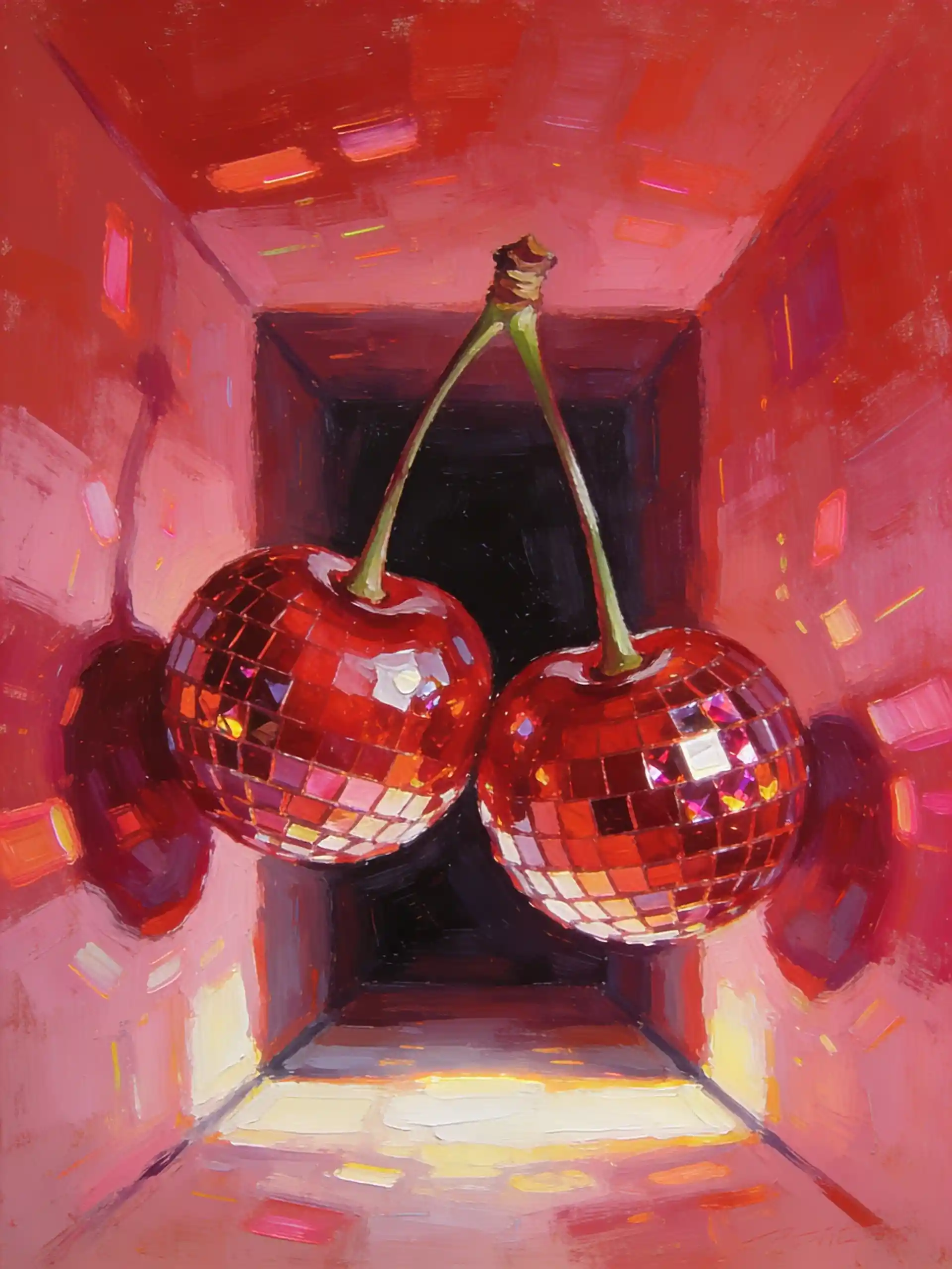 Glowing ruby glass twin cherries in a fluorescent haze