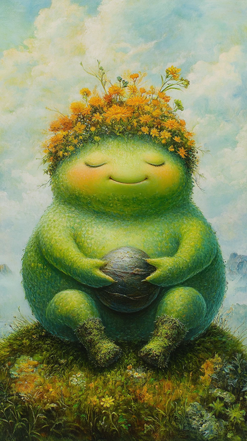 Green nature spirit sitting on a grassy mound with flower hat