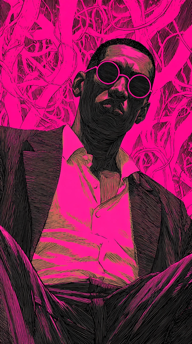 Intensiver Mann mit pinker Sonnenbrille vor neonfuchsiafarbenem Hintergrund